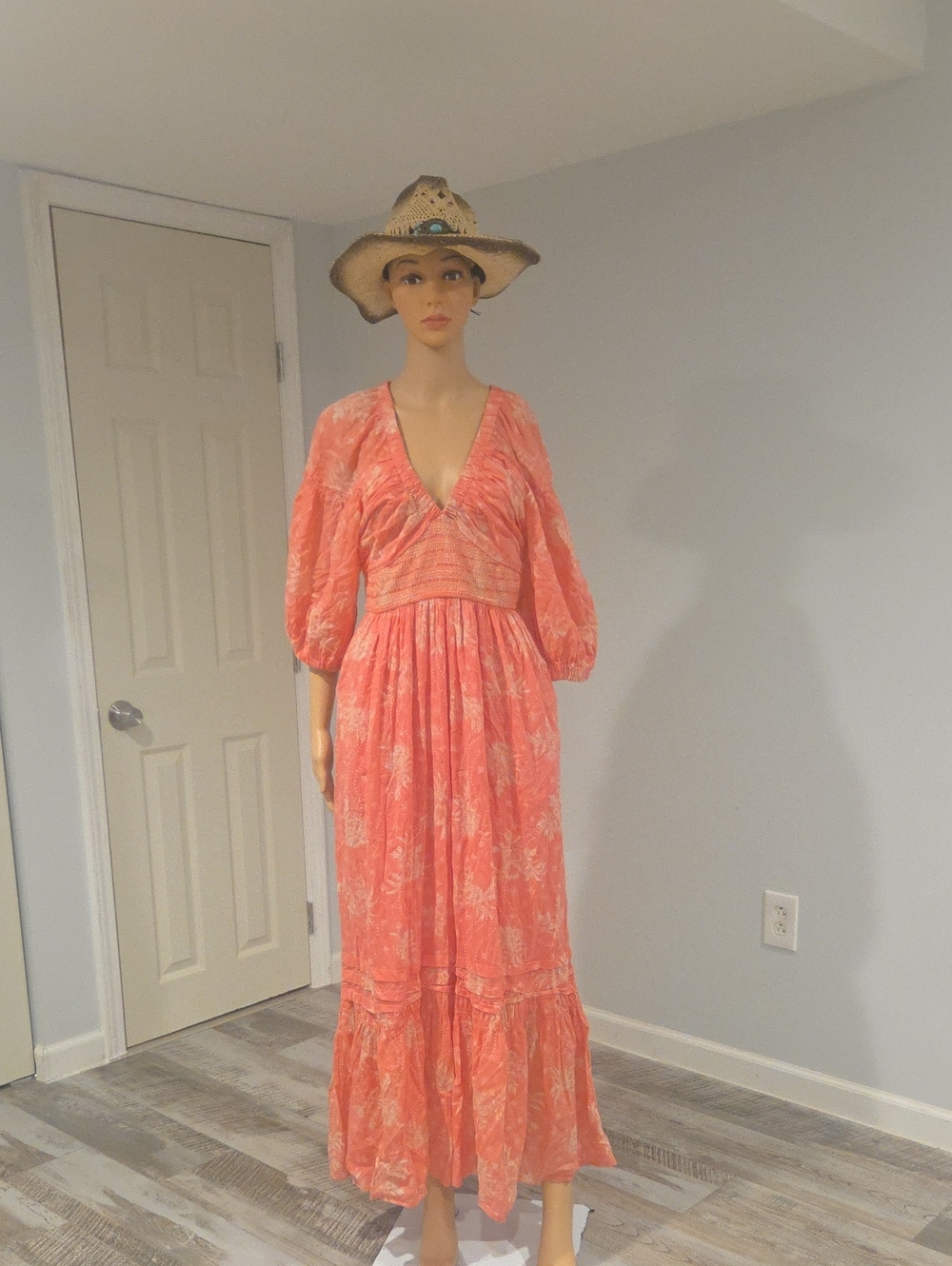 Free People Coral Smocked-Waist V-Neck Tiered Maxi Dress